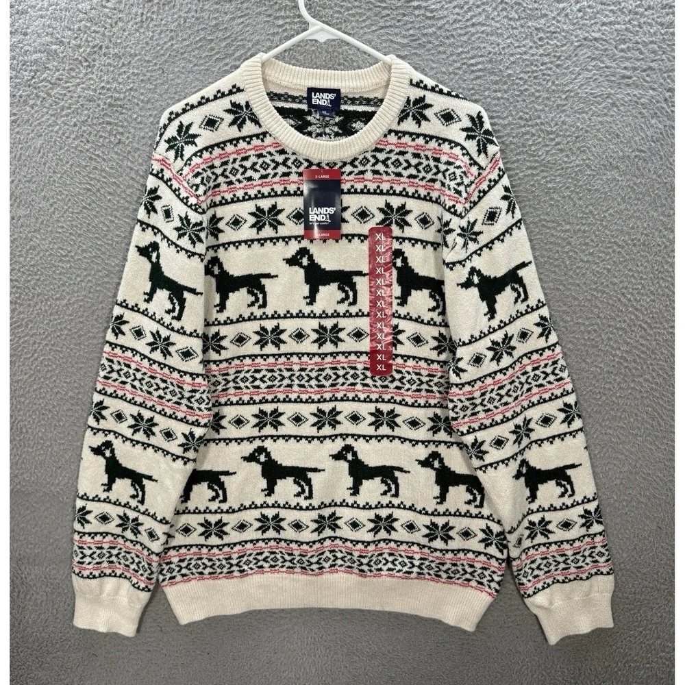 Lands End Sweater Adult XL Multicolor Fair Isle Knit Crewneck‎ Geometric Dog NEW